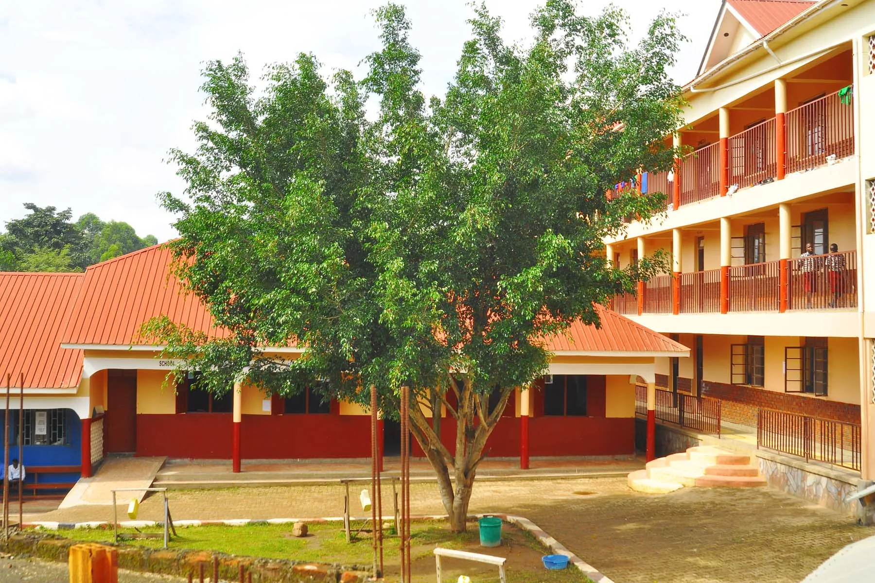 The red-roofed classroom buildings set among trees